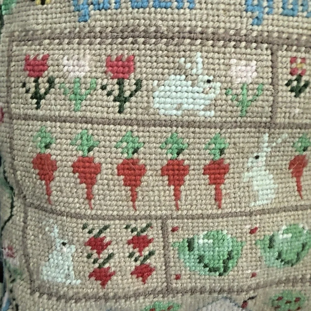 Vintage Midwest Needlepoint Pillow How Does Your Garden Grow Bunny Garden 11x11